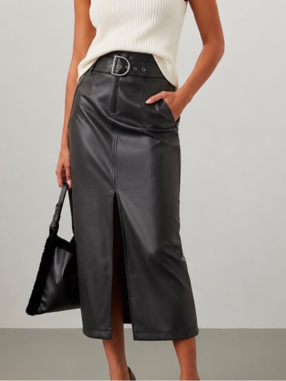 Black Faux Leather Maxi Pencil Skirt with Front Slit and Attached Belt Sz 0